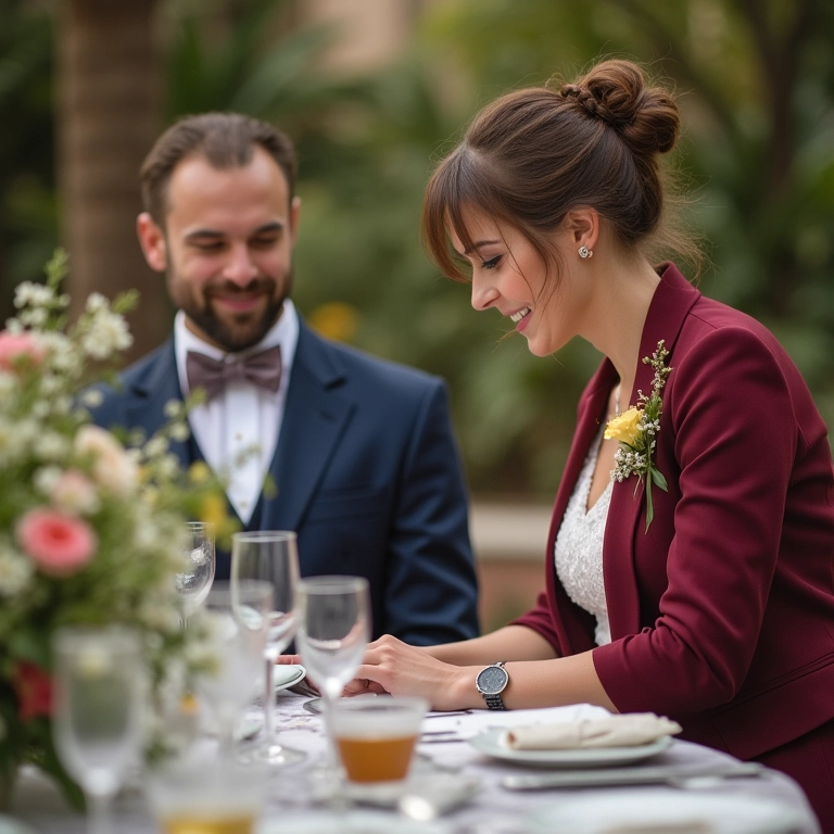Especialista em casamentos ajustando detalhes da mesa com noivos ao fundo.