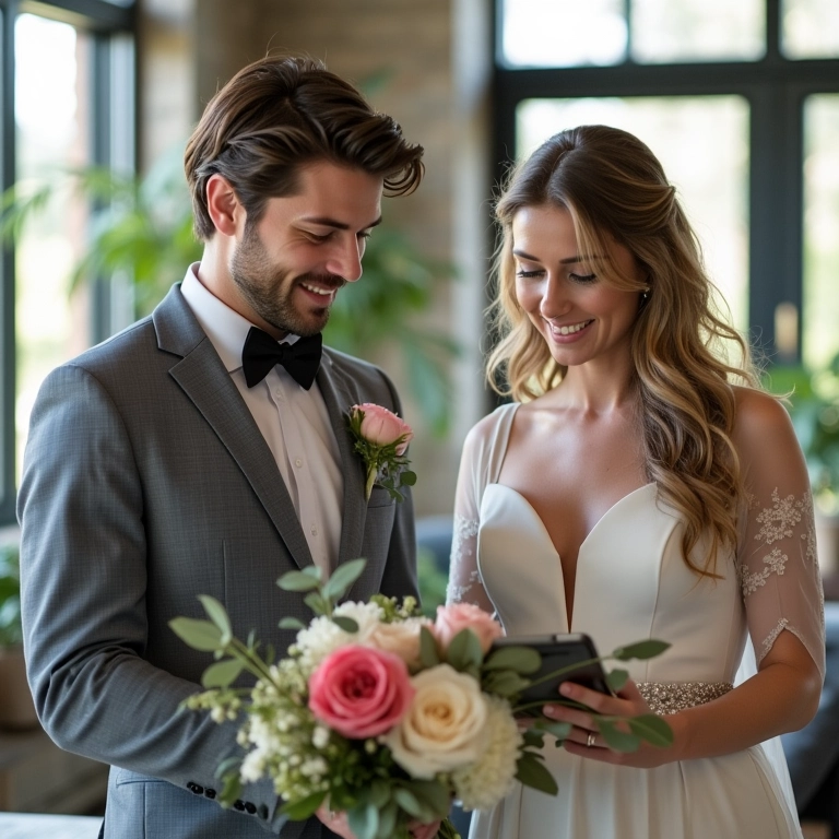 Especialista em casamentos dando dicas para um casal feliz.