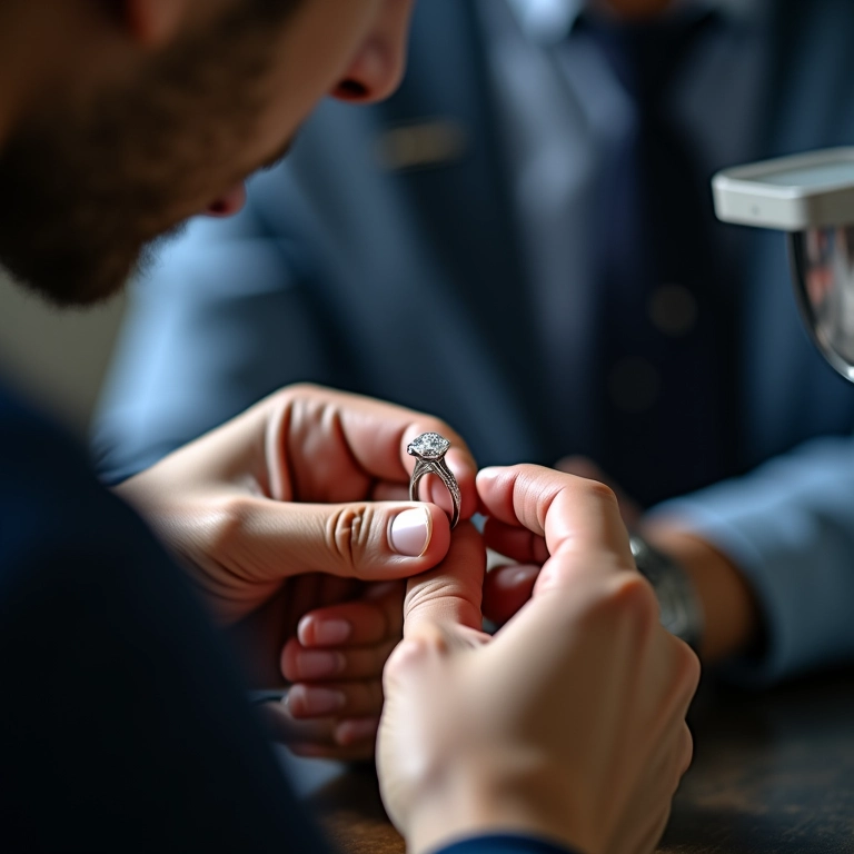 Especialista examinando anel de brilhante para noiva.