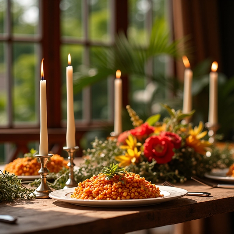 Estação de risotos decorada com flores e velas, criando ambiente acolhedor.