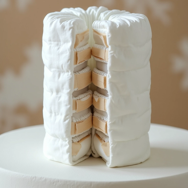 Estrutura interna de um bolo de fraldas com suportes de papelão e elásticos.