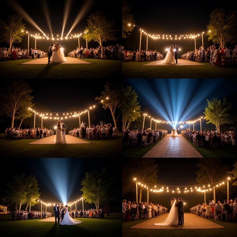 Exemplos de iluminação para casamento: luzes, spots, uplighting.