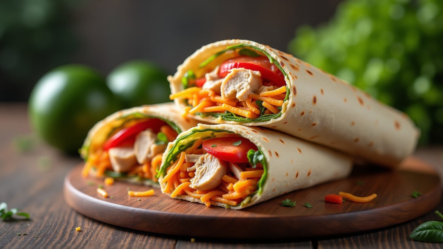 Wrap de frango desfiado com legumes crocantes, opção nutritiva.