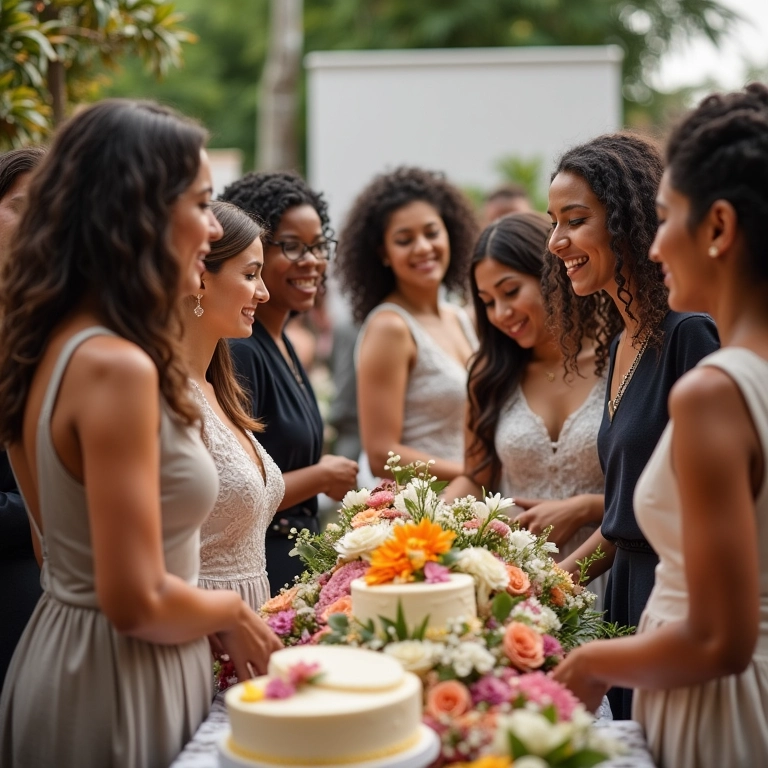 Feira de casamento com diversos fornecedores e casais.