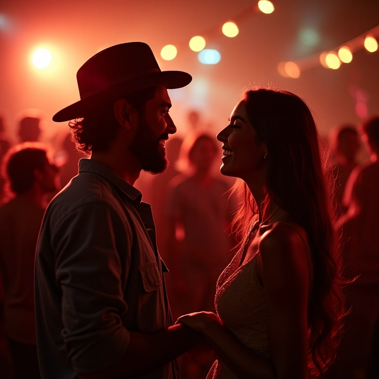 Festa de noivado com músicas de diferentes estilos, público diversificado.