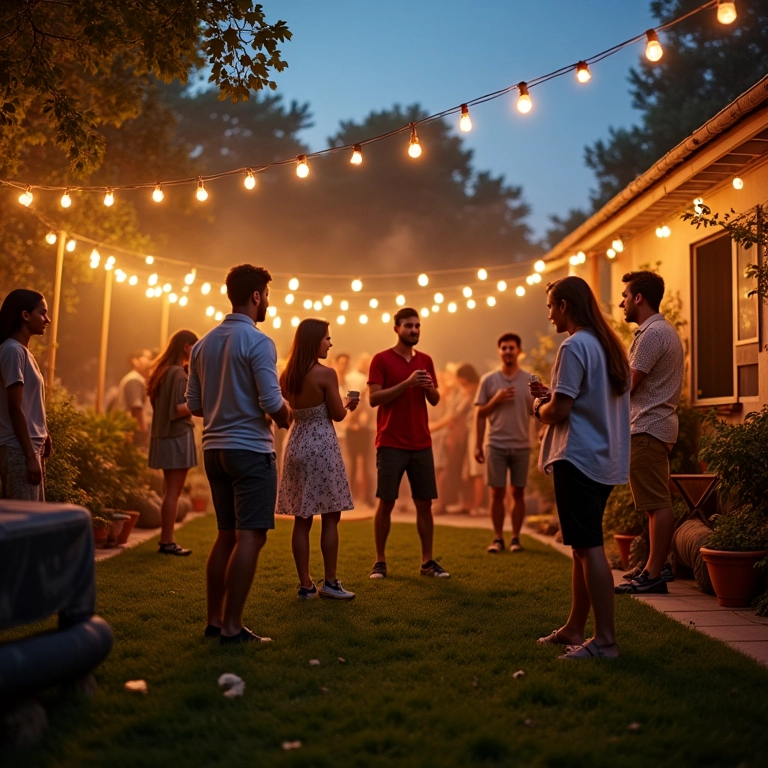 Festa em um quintal espaçoso com decorações.