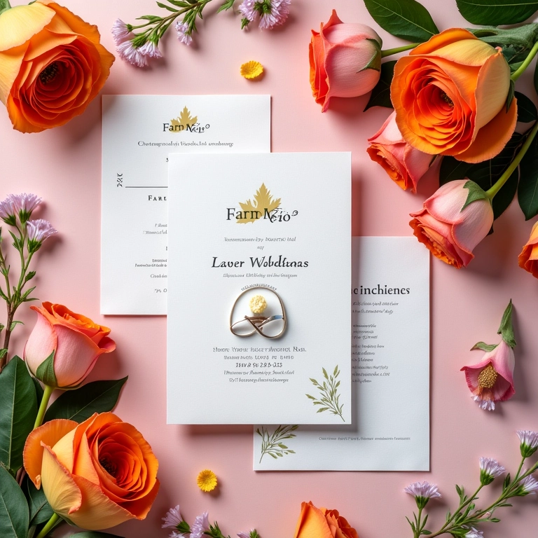 Flat lay elegante com alianças, convites, flores e produtos de casamento.