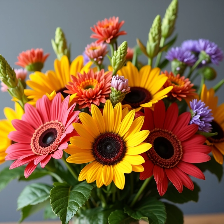 Flores da estação em arranjo vibrante e econômico.