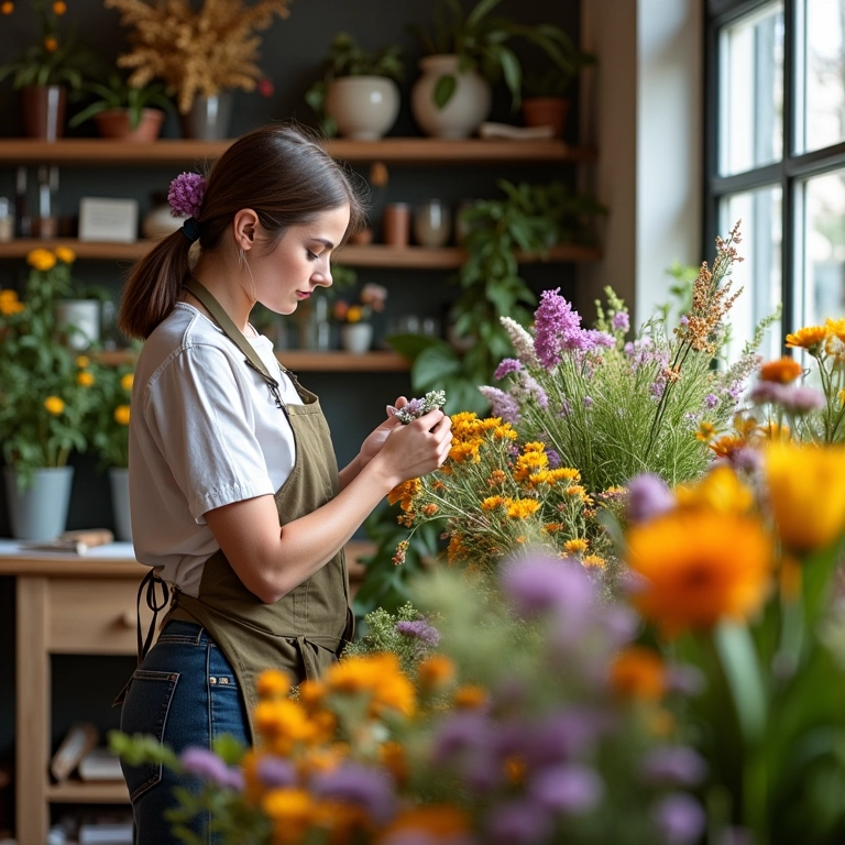 Florista preparando arranjos de flores do campo em uma loja ensolarada.