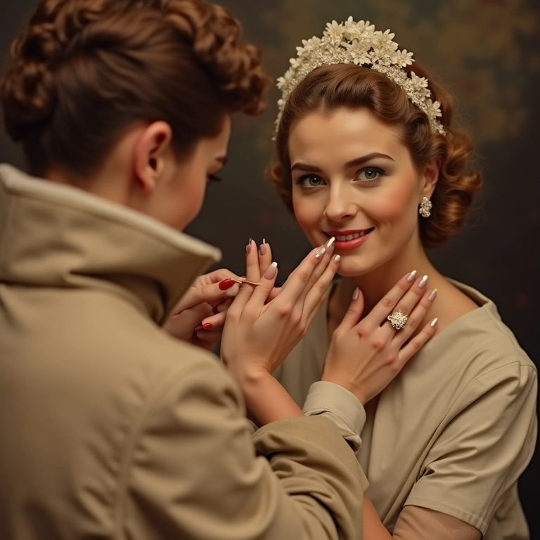 Foto vintage de uma noiva nos anos 50 pintando as unhas.