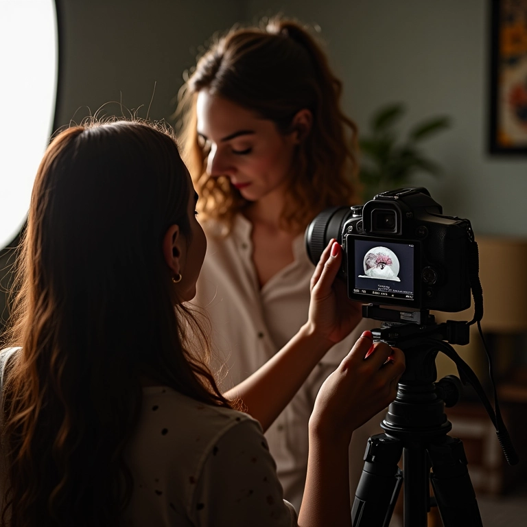 Fotógrafa brasileira dirigindo ensaio lifestyle em casa, criando um ambiente profissional e acolhedor.