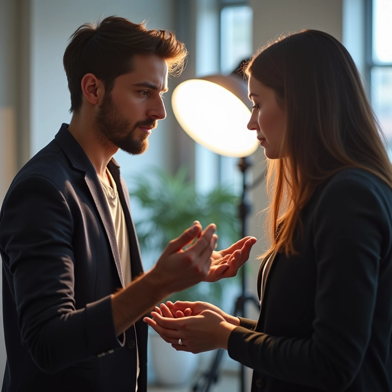 Fotógrafo experiente dando dicas a cliente em estúdio iluminado.