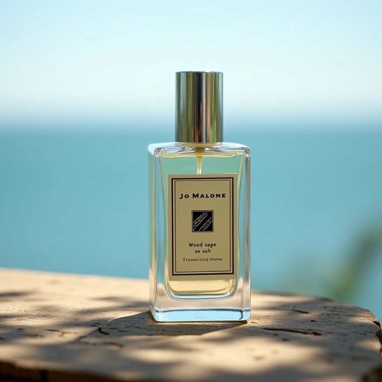 Frasco de Jo Malone Wood Sage & Sea Salt em mesa rústica de madeira.