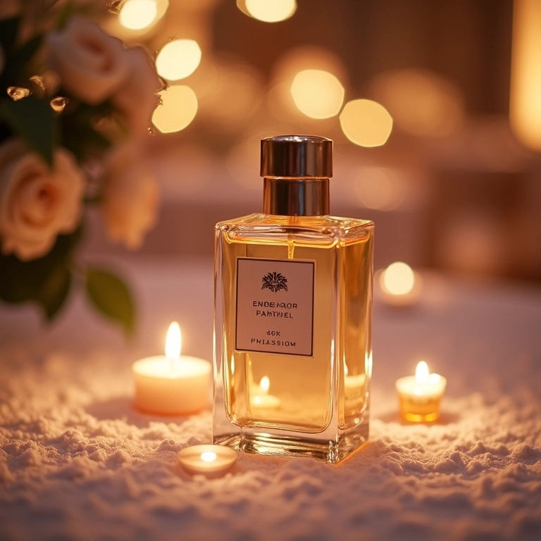 Frasco de perfume elegante em mesa de recepção de casamento.