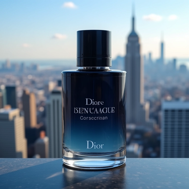 Frasco do perfume Dior Sauvage com o horizonte da cidade ao fundo.