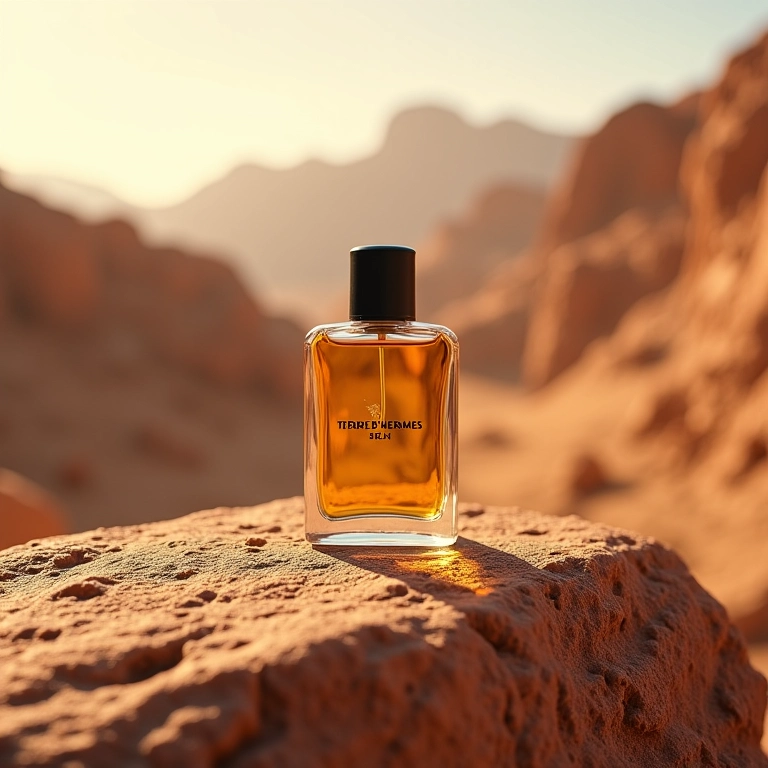 Frasco do perfume Hermès Terre d'Hermès em uma rocha natural.
