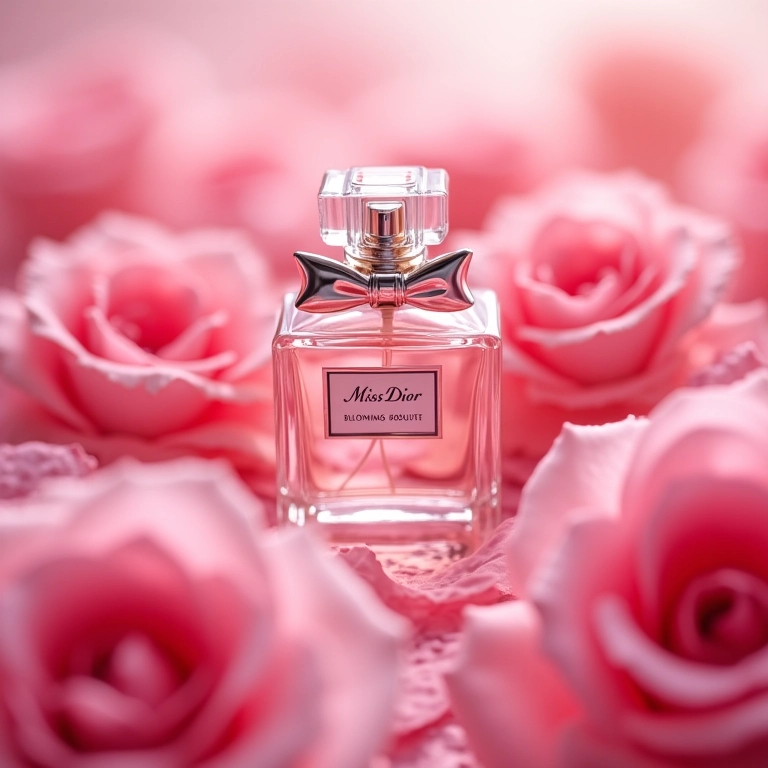 Frasco do perfume Miss Dior Blooming Bouquet cercado por rosas cor-de-rosa.