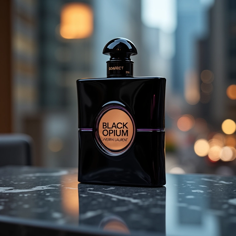 Frasco do perfume Yves Saint Laurent Black Opium em uma penteadeira moderna.