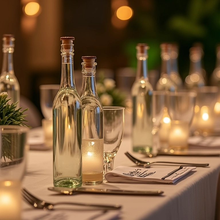 Garrafas como marcadores de mesa em evento elegante.