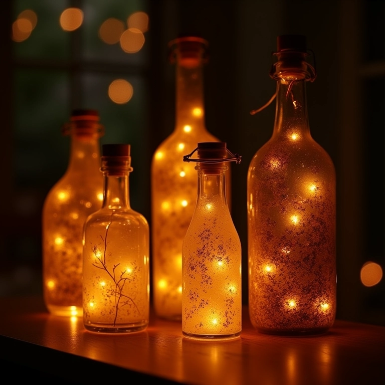 Garrafas decoradas com luzes criando iluminação ambiente aconchegante.
