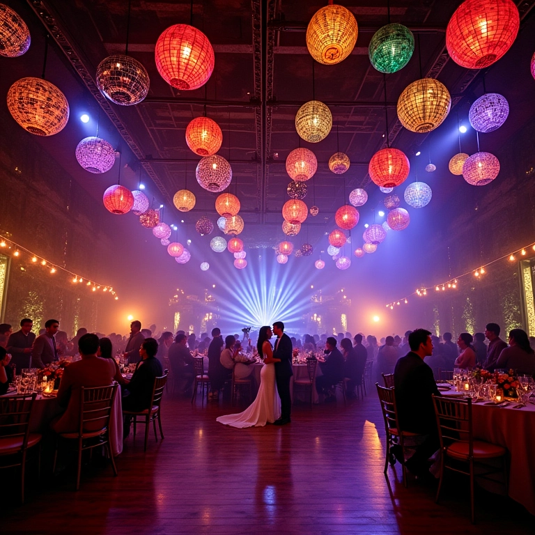 Globos de espelhos na decoração aérea de um casamento.