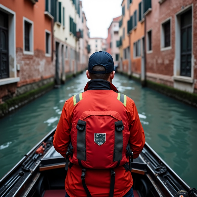 Gôndola equipada com equipamentos de segurança para um passeio tranquilo com a família.