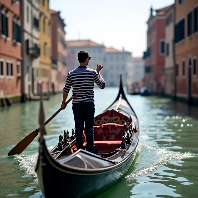 Gondoleiro especialista navegando habilmente pelos canais de Veneza.