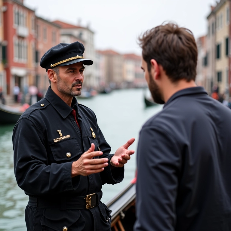 Gondoleiro negociando o preço do passeio com um turista em Veneza.