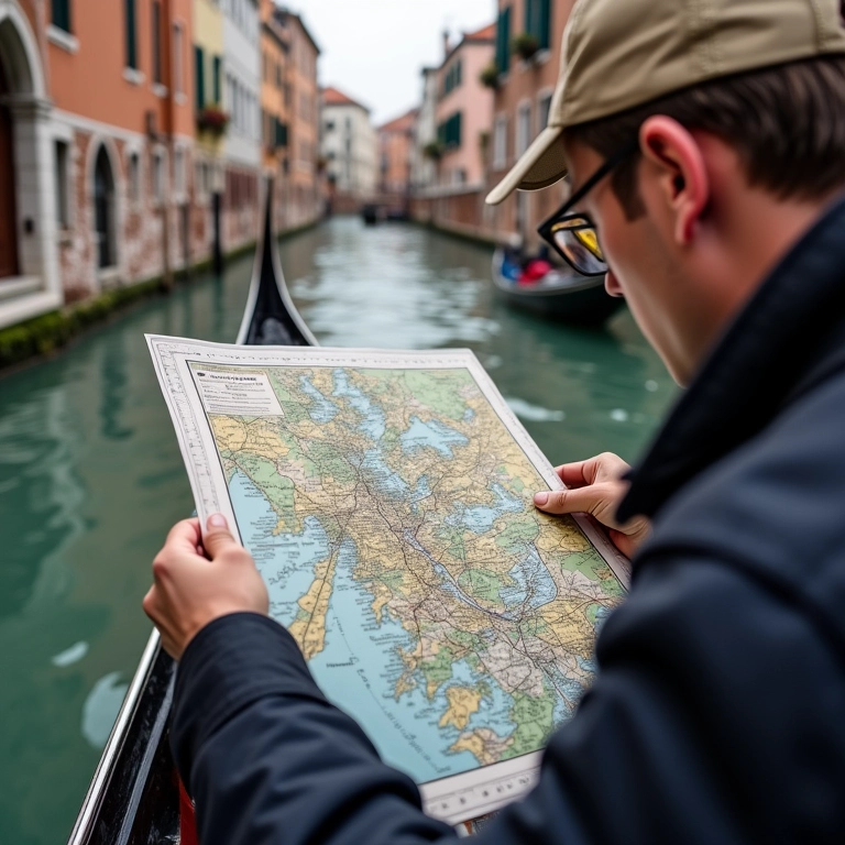 Gondoleiro planejando a rota em um mapa de Veneza antes do passeio.
