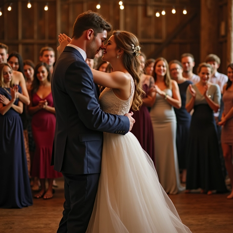 Grupo de amigos aprendendo coreografia para casamento em celeiro.