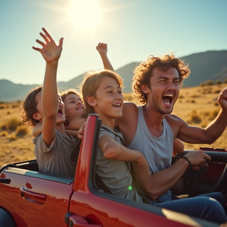 Grupo de amigos cantando e dançando em jipe durante viagem ensolarada.
