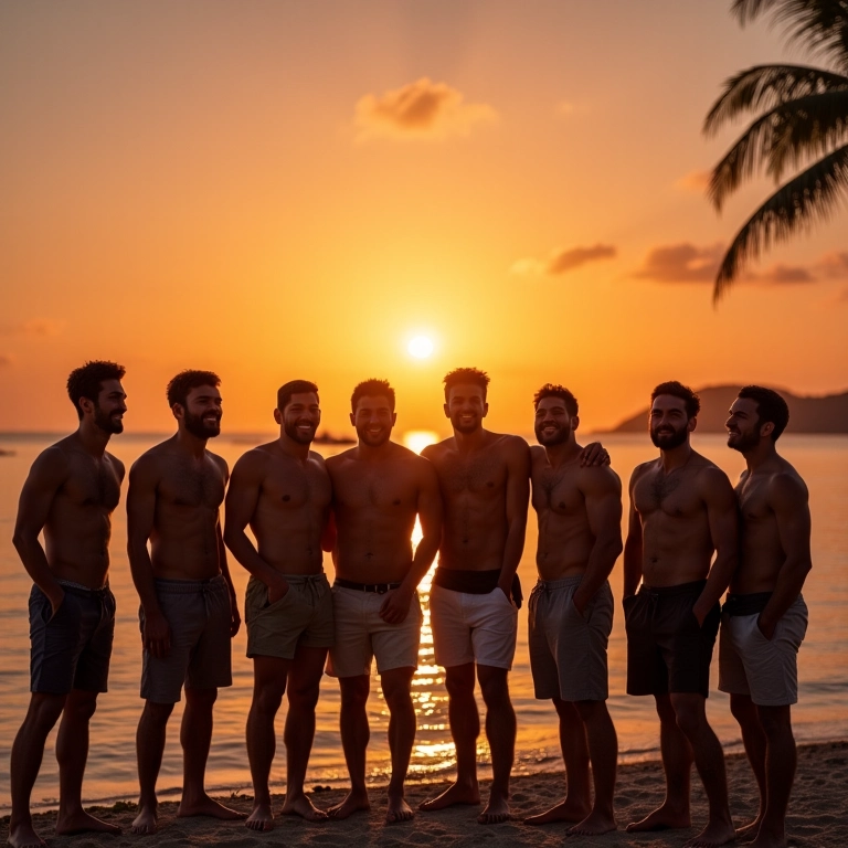 Grupo de amigos em uma praia tropical durante o pôr do sol em uma viagem inesquecível de despedida de solteiro.
