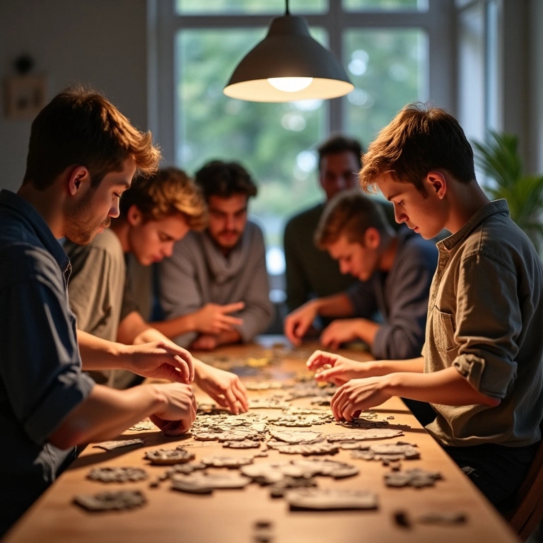 Grupo de amigos participando de um workshop criativo em uma despedida de solteiro, fazendo artesanato.