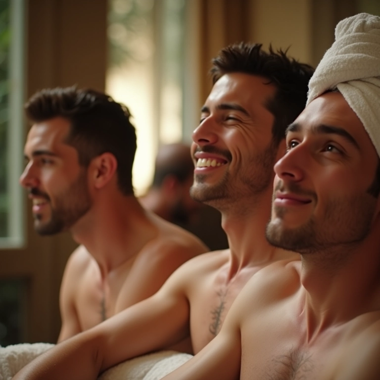 Grupo de homens relaxando em um spa durante uma despedida de solteiro, recebendo tratamentos.