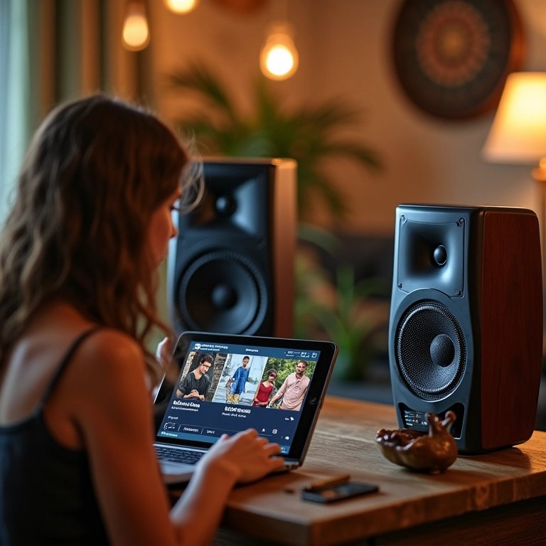 Grupo diversificado preparando equipamento de som e playlist.