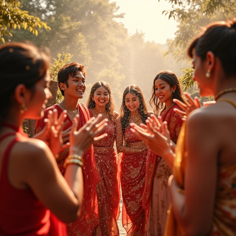 Grupo diverso celebrando casamento com chuva de arroz, alegria contagiante.