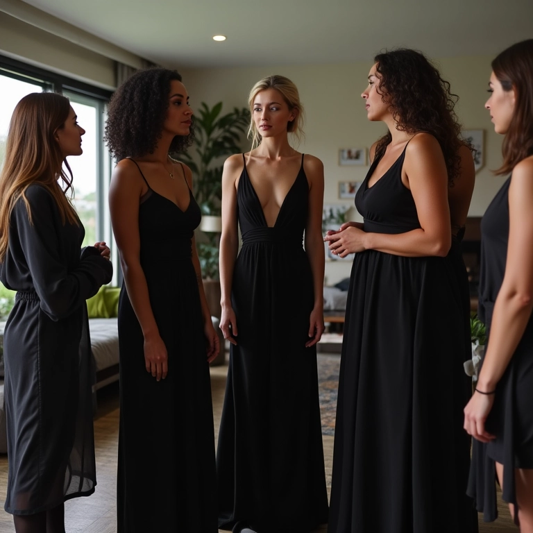 Grupo diverso de mulheres discutindo sobre um vestido de noiva preto em uma sala de estar moderna.