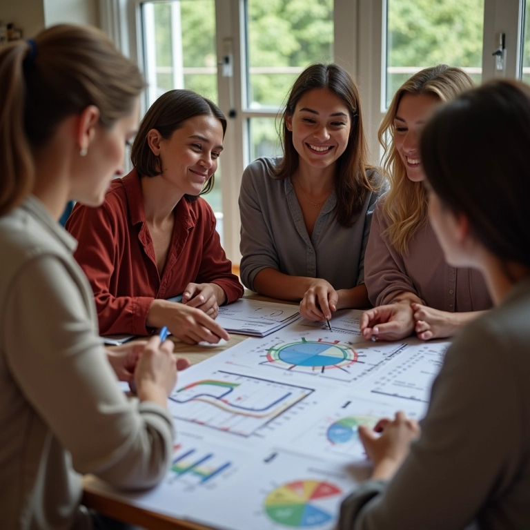 Grupo diverso de mulheres planejando casamento, analisando gráficos de clima e preços.