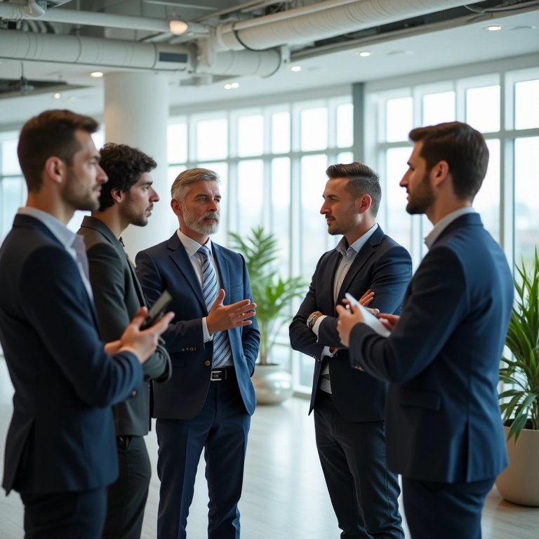Grupo diverso em escritório moderno discutindo dúvidas sobre visitas técnicas.