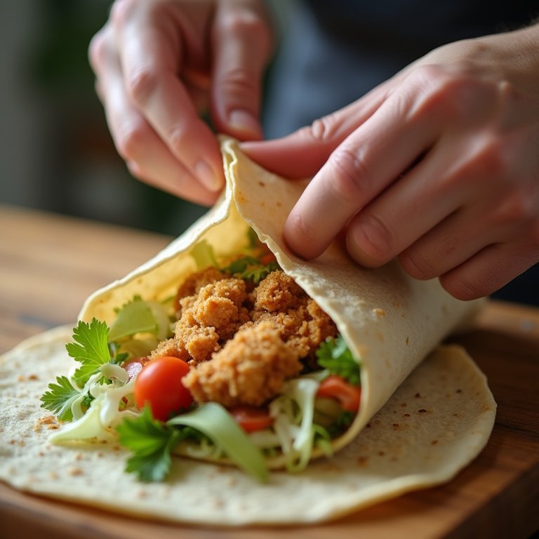 Montando um wrap de frango para não desmoronar.