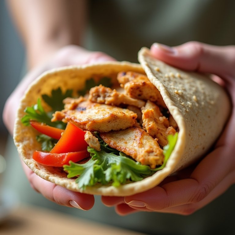 Montando um wrap de frango integral com legumes.