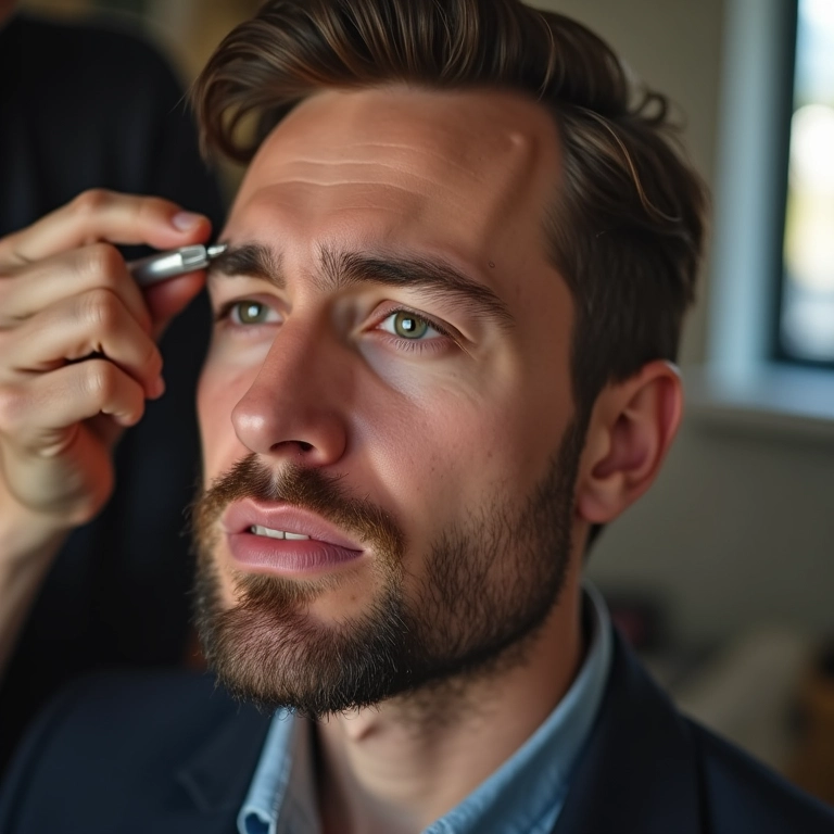 Homem com uma leve expressão de dor durante o design de sobrancelha.