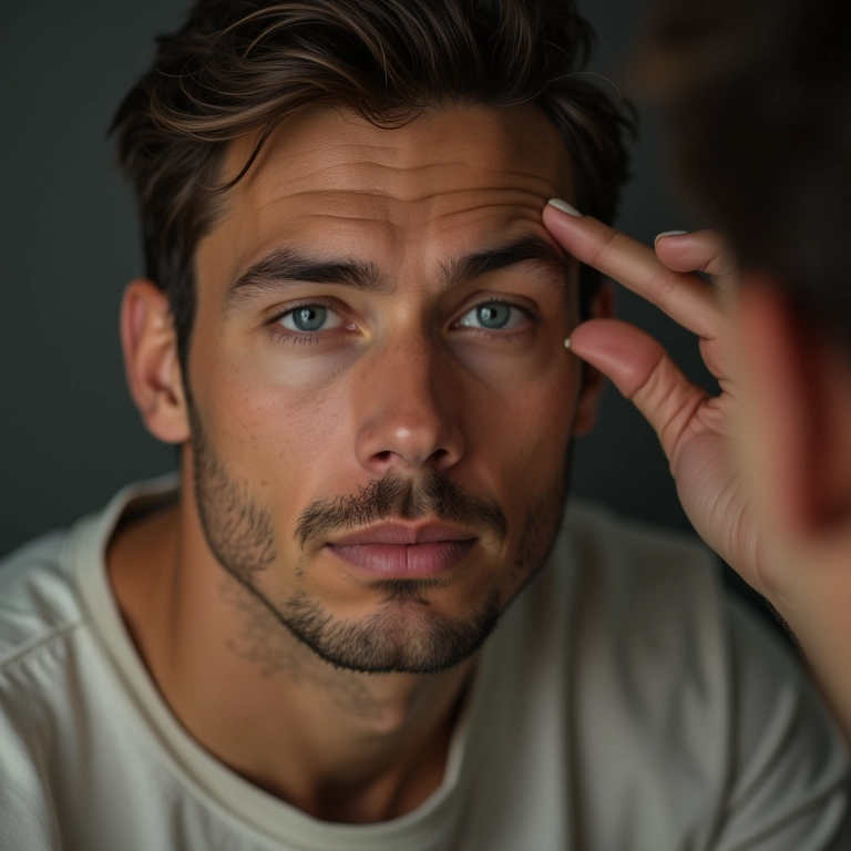 Homem conferindo o resultado do design de sobrancelha no espelho.