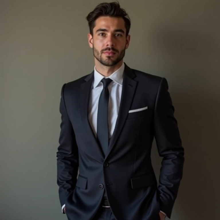 Homem usando terno uma única vez, considerando aluguel para o futuro.