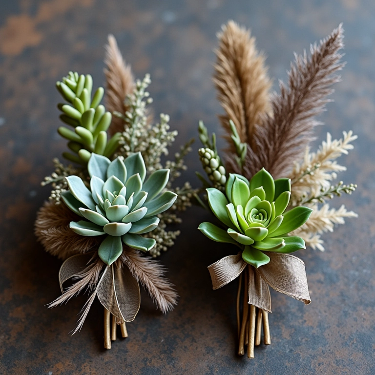 Ideias criativas para corsages com suculentas, penas e fitas.
