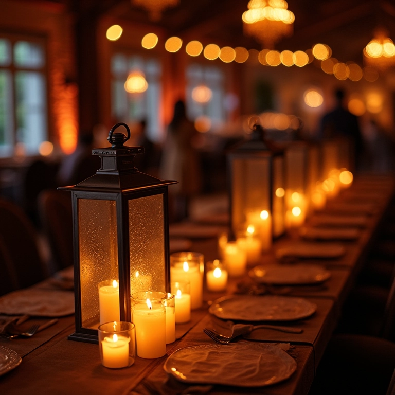 Iluminação ambiente em recepção de casamento com lanternas e lustres.