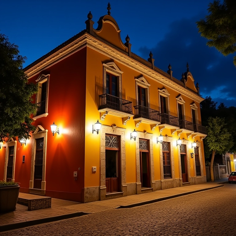 Iluminação arquitetural valorizando fachada de prédio colonial brasileiro.