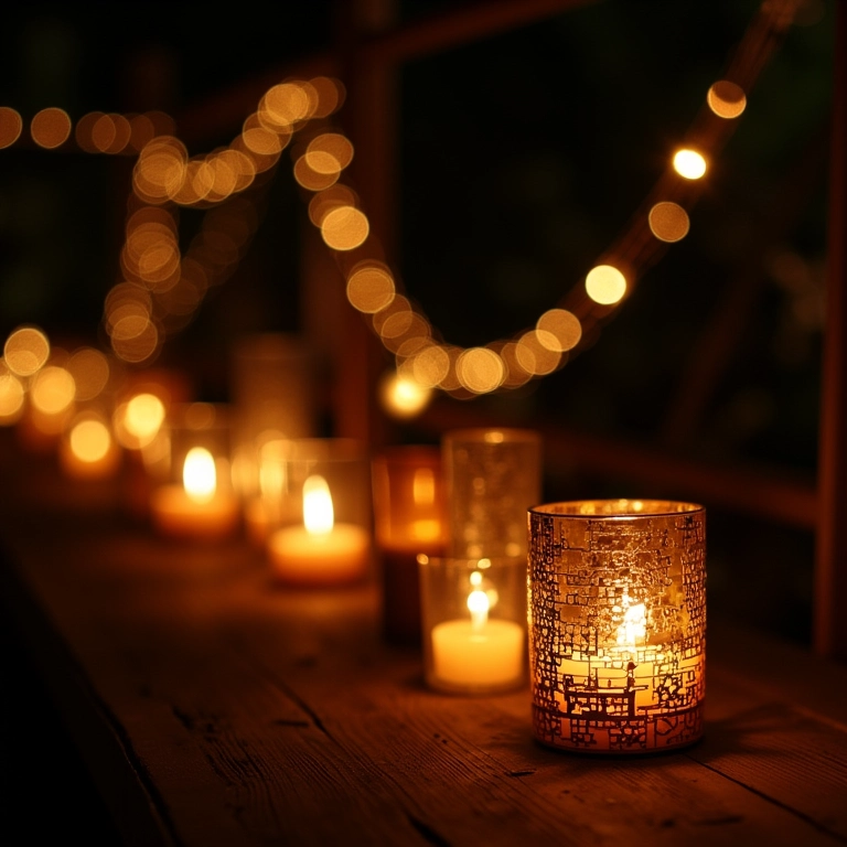 Iluminação boho com luzes e velas criando ambiente mágico.