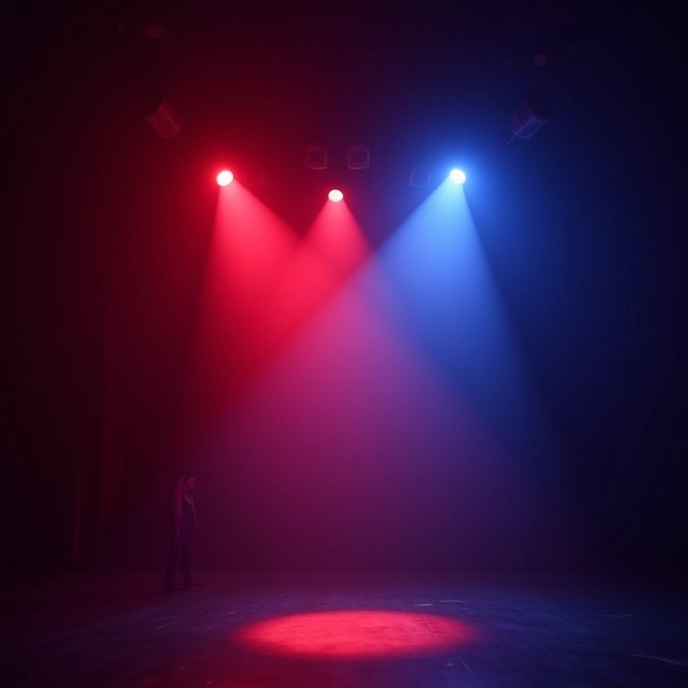 Iluminação cênica teatral com fortes contrastes de luz e sombra.