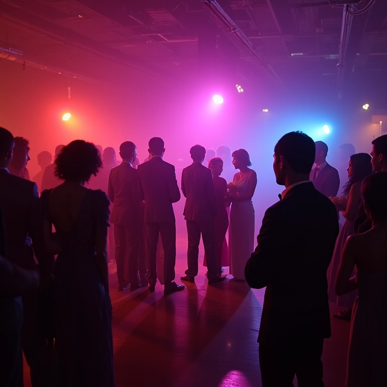 Iluminação colorida em festa de casamento.